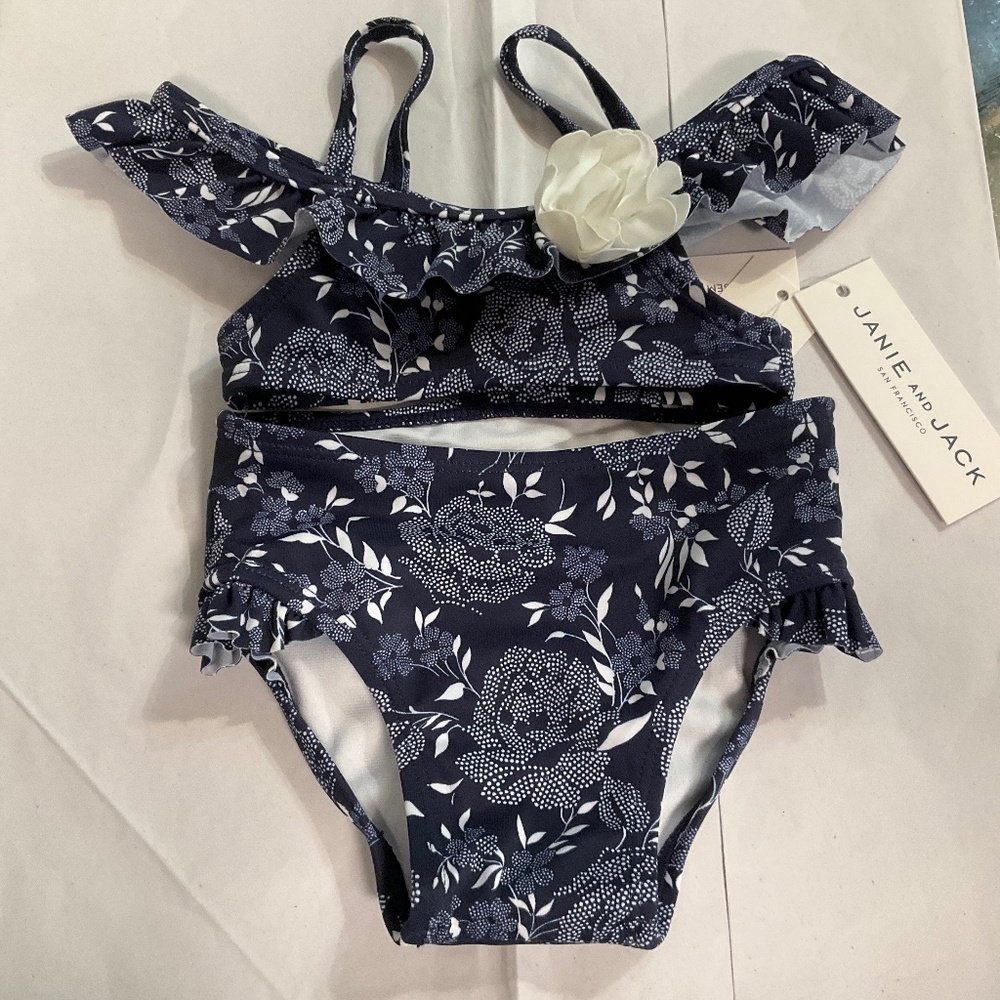 NWT 3-6 month Janie & Jack 2 pc bathing suit navy & white floral print
